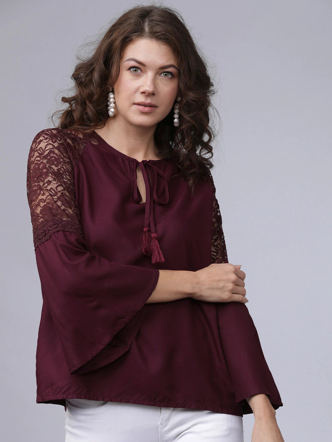 Women Maroon Self Design A-Line Top
