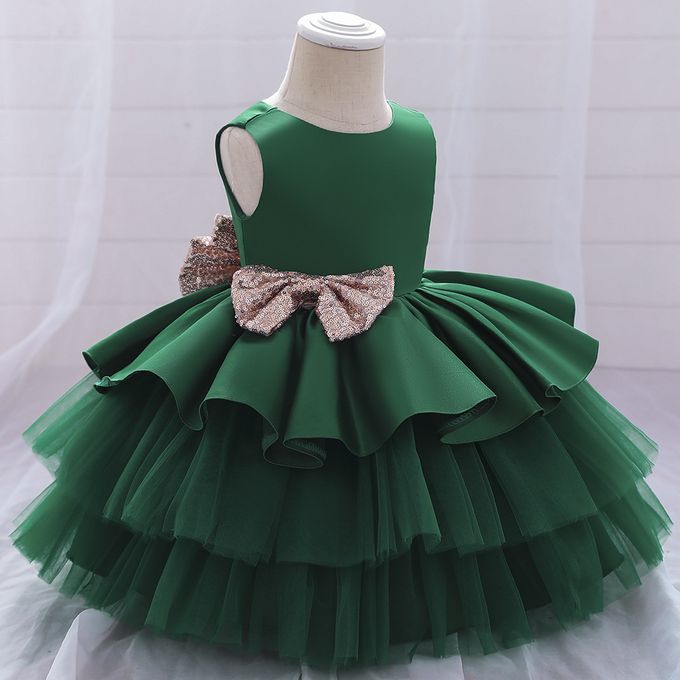 Green Color Net Solid Frock Dress For Girl
