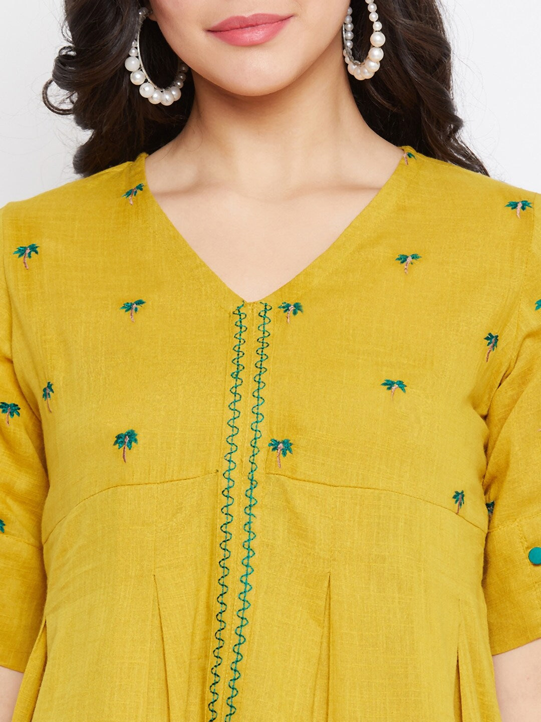 Mustard & Blue Embroidered A-Line Top