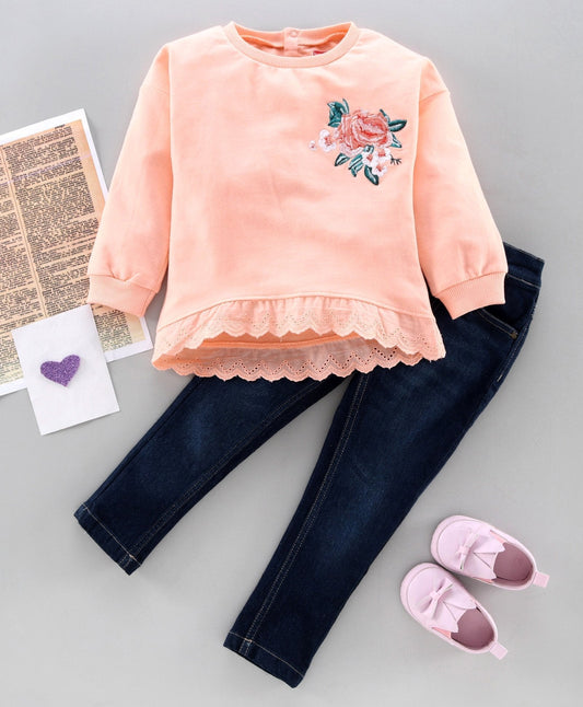 Babyhug Full Sleeves Lace Border Top & Denim Jeans Set Floral Print – Peach