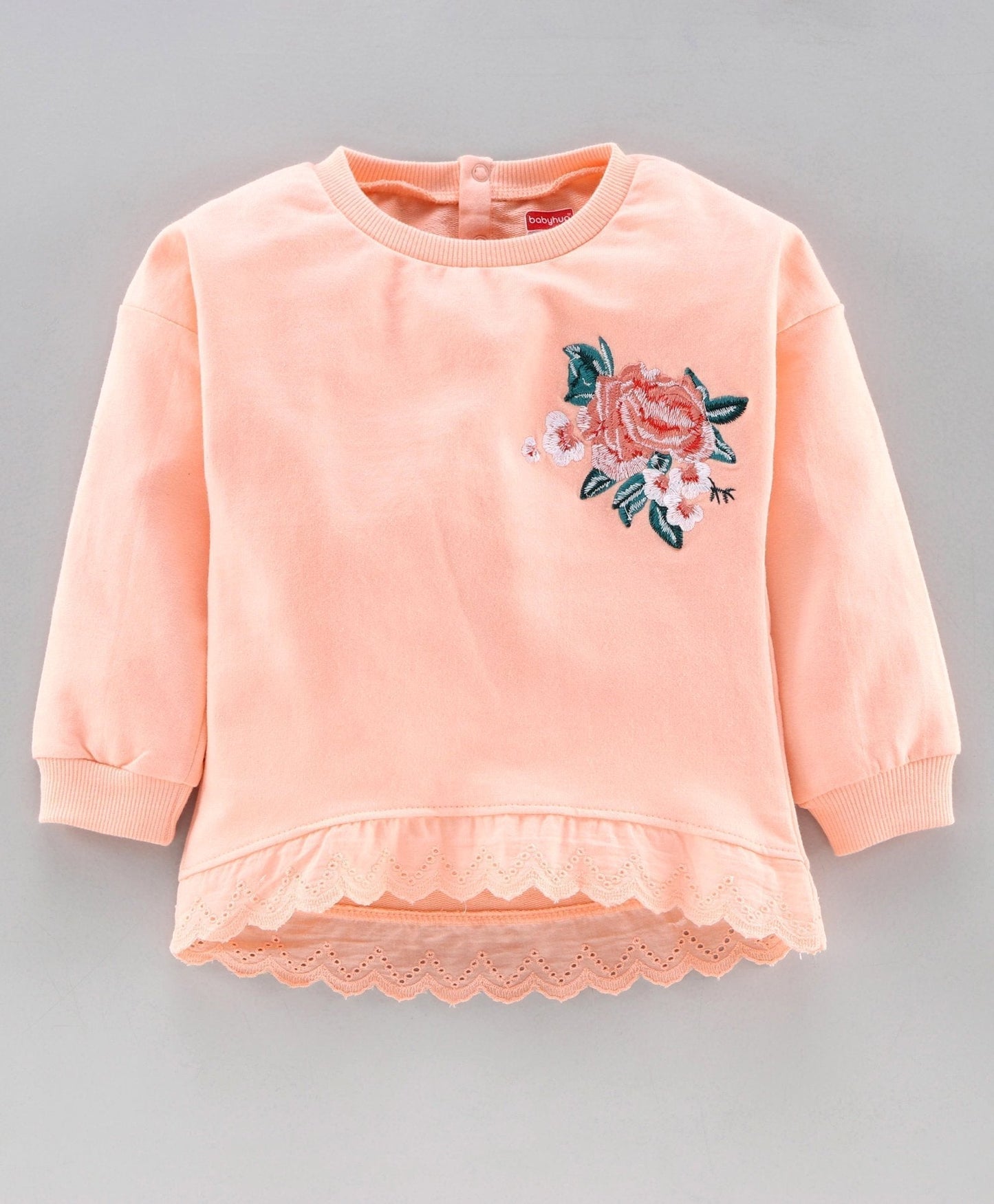 Babyhug Full Sleeves Lace Border Top & Denim Jeans Set Floral Print – Peach