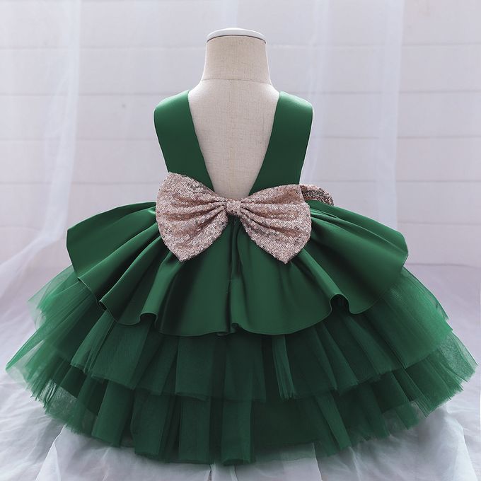 Green Color Net Solid Frock Dress For Girl