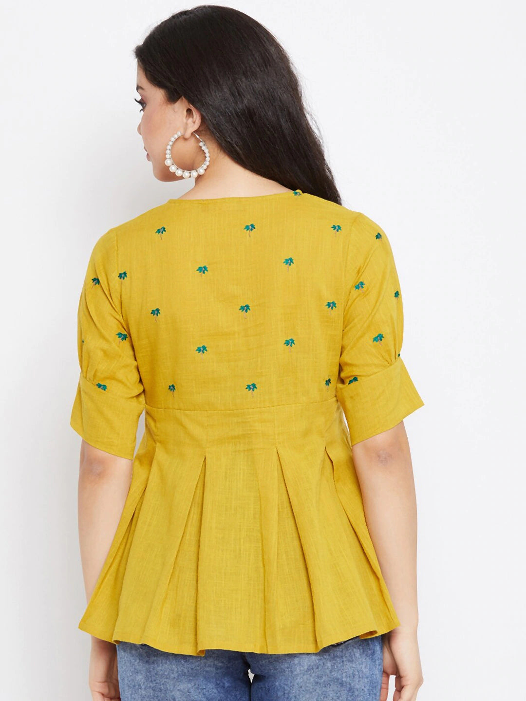 Mustard & Blue Embroidered A-Line Top