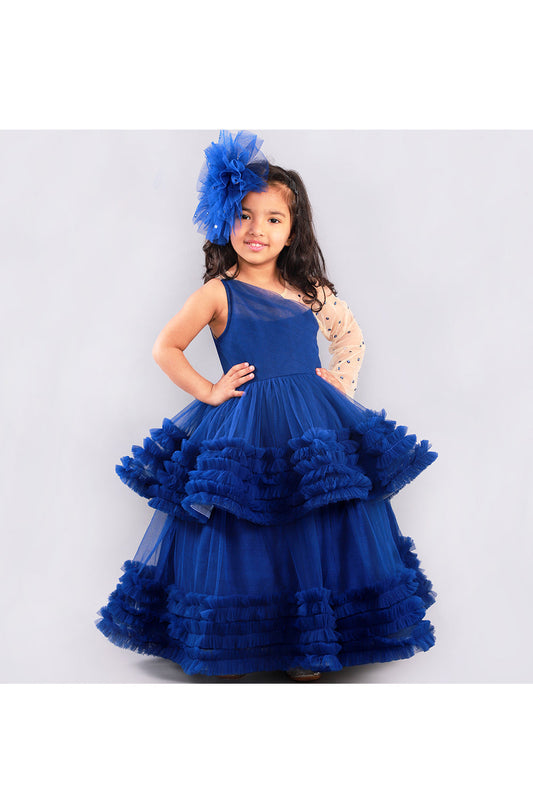 Navy blue double layered gown with a translucent sleeve