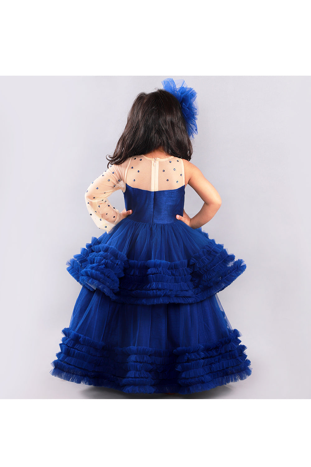 Navy blue double layered gown with a translucent sleeve