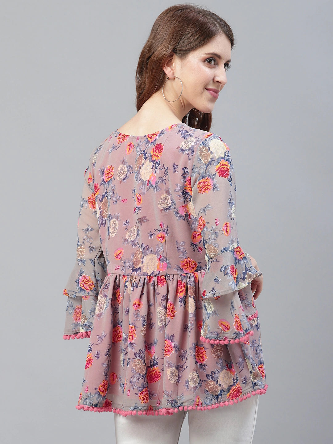 Women Grey & Pink Floral Print A-Line Top