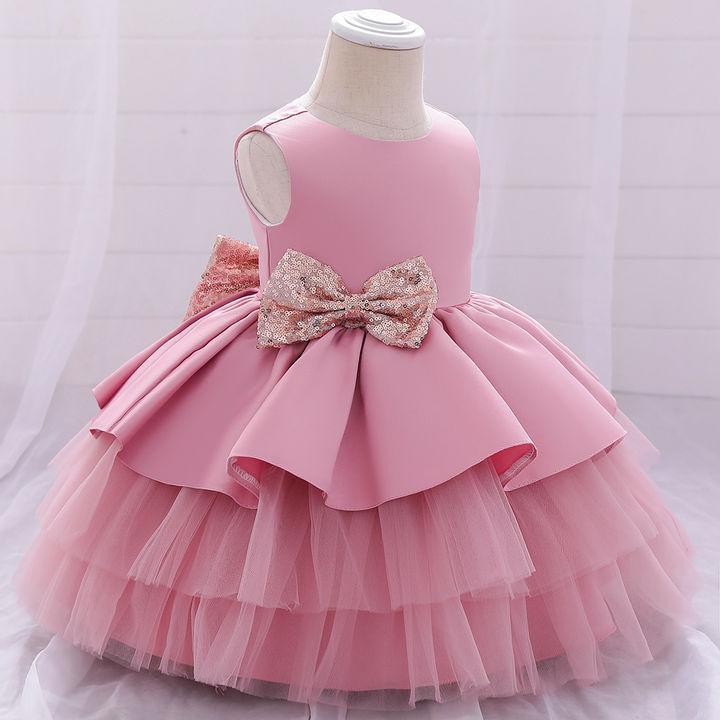 Baby Pink Color Net Solid Frock Dress For Girl