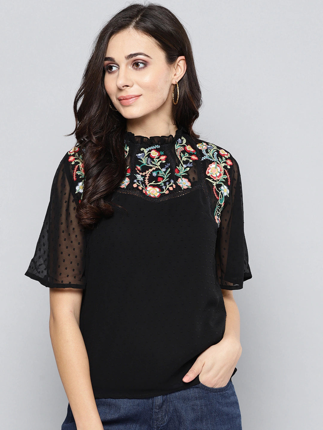 Black Top with Floral Embroidery