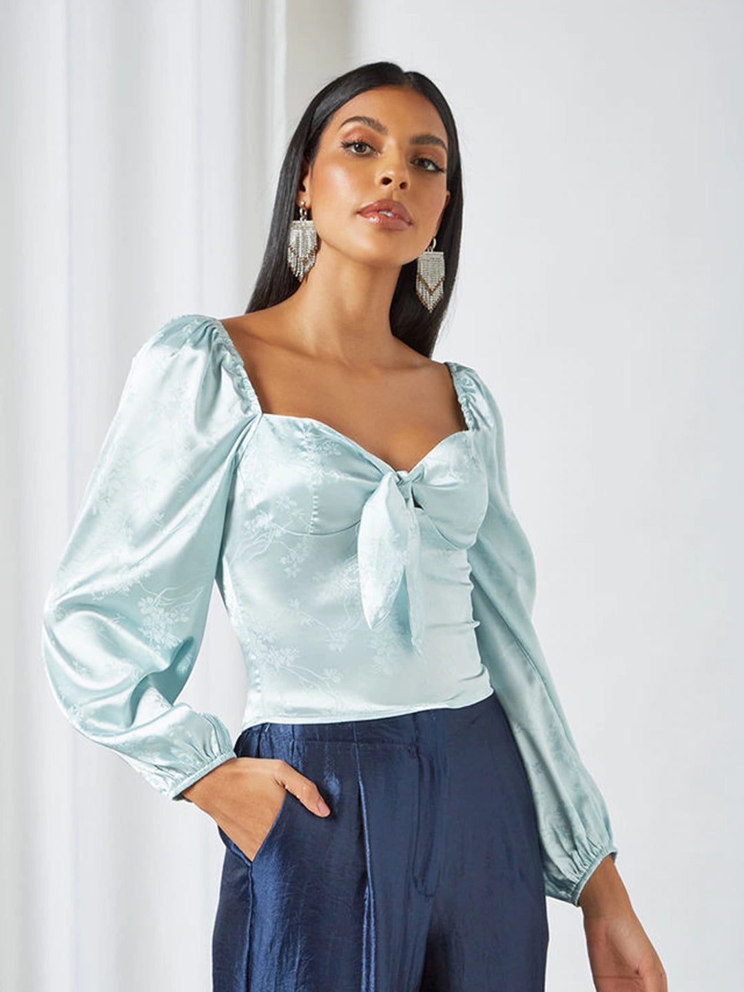 Blue Floral Print Tie-Up Neck Satin Top
