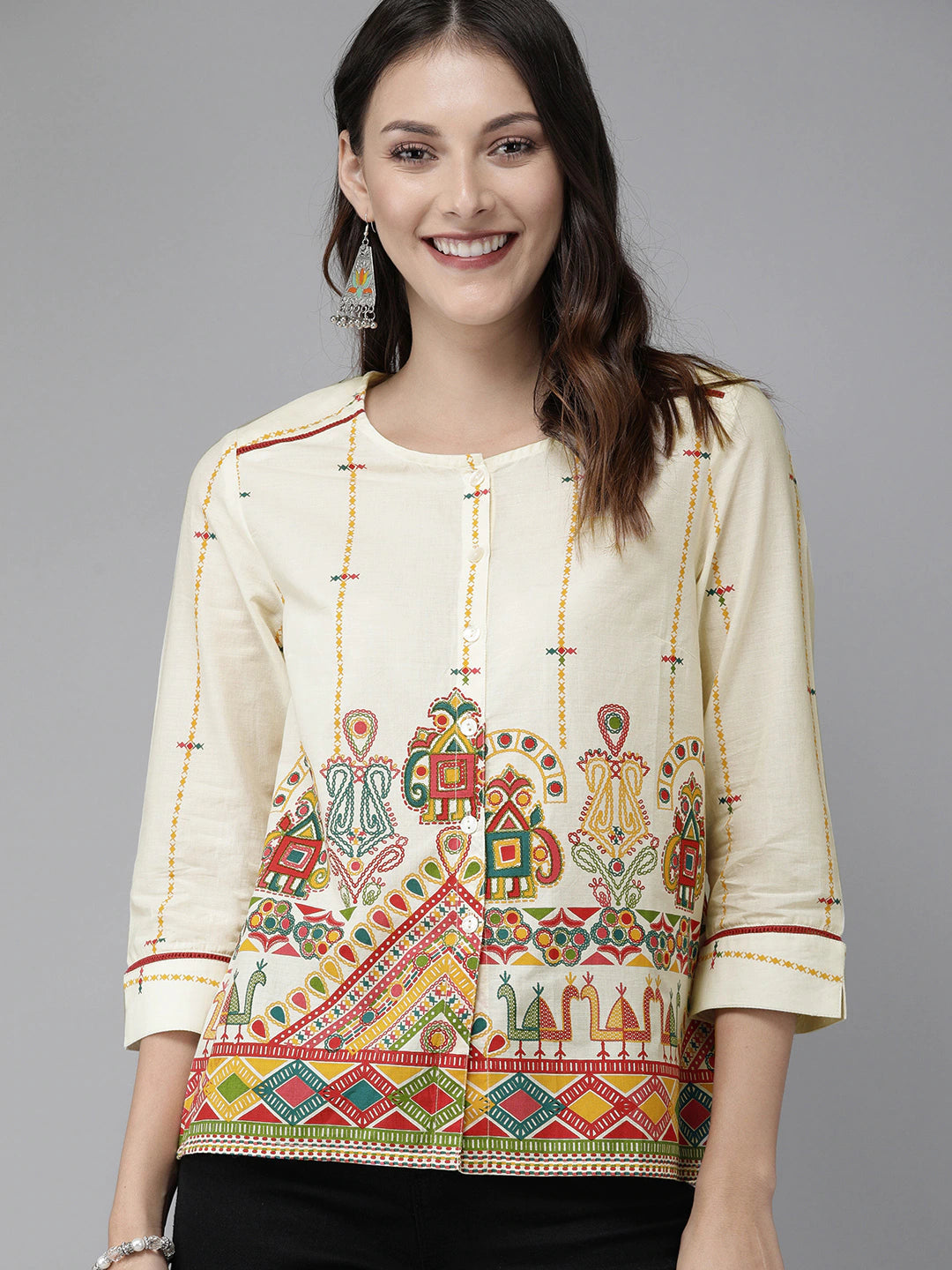 Beige & Red Antiviral Finish Ethnic Motifs Anti-Viral Pure Cotton Top