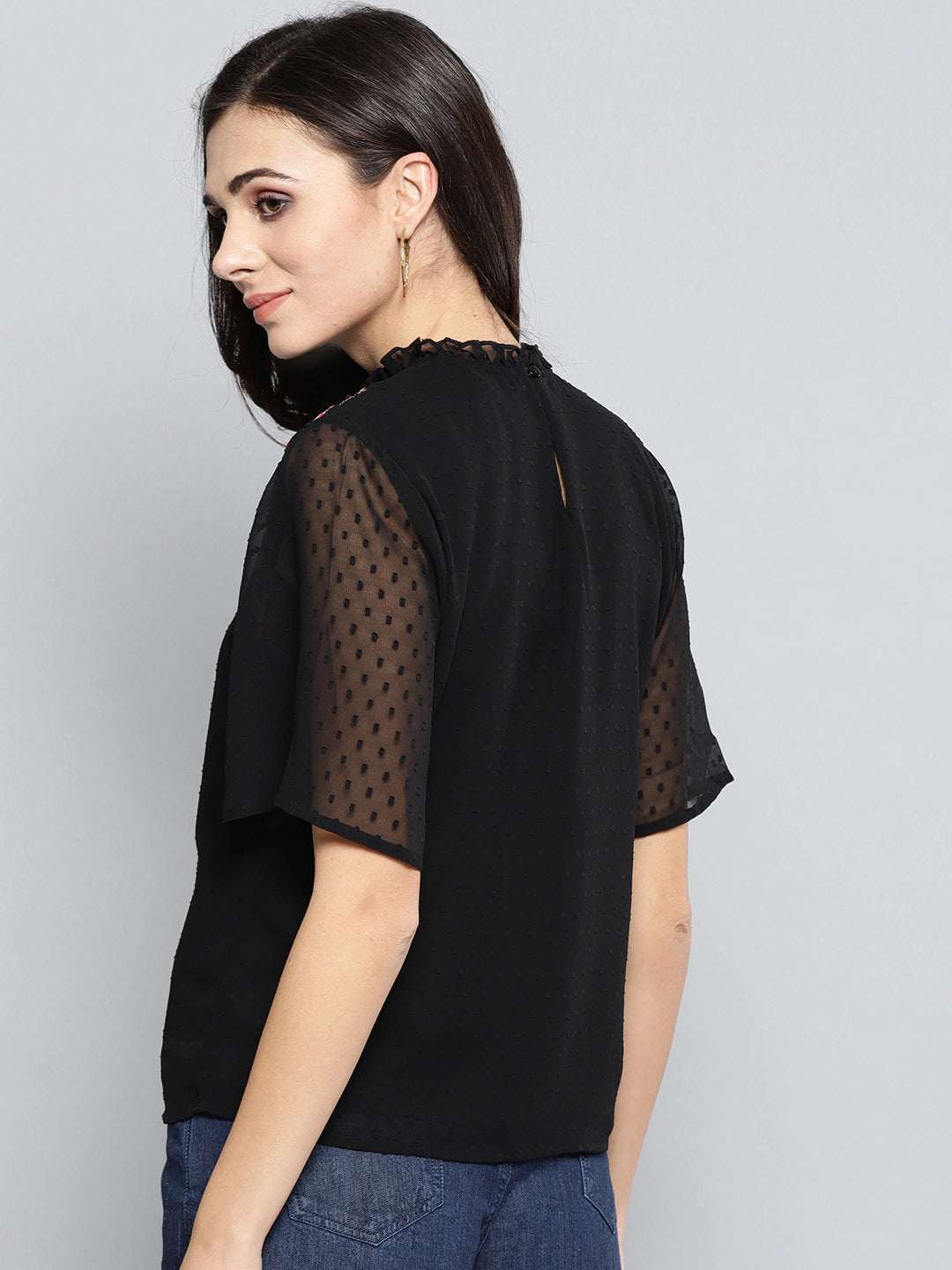 Black Top with Floral Embroidery