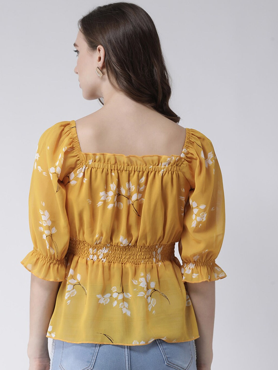 Yellow & White Floral Print Peplum Top