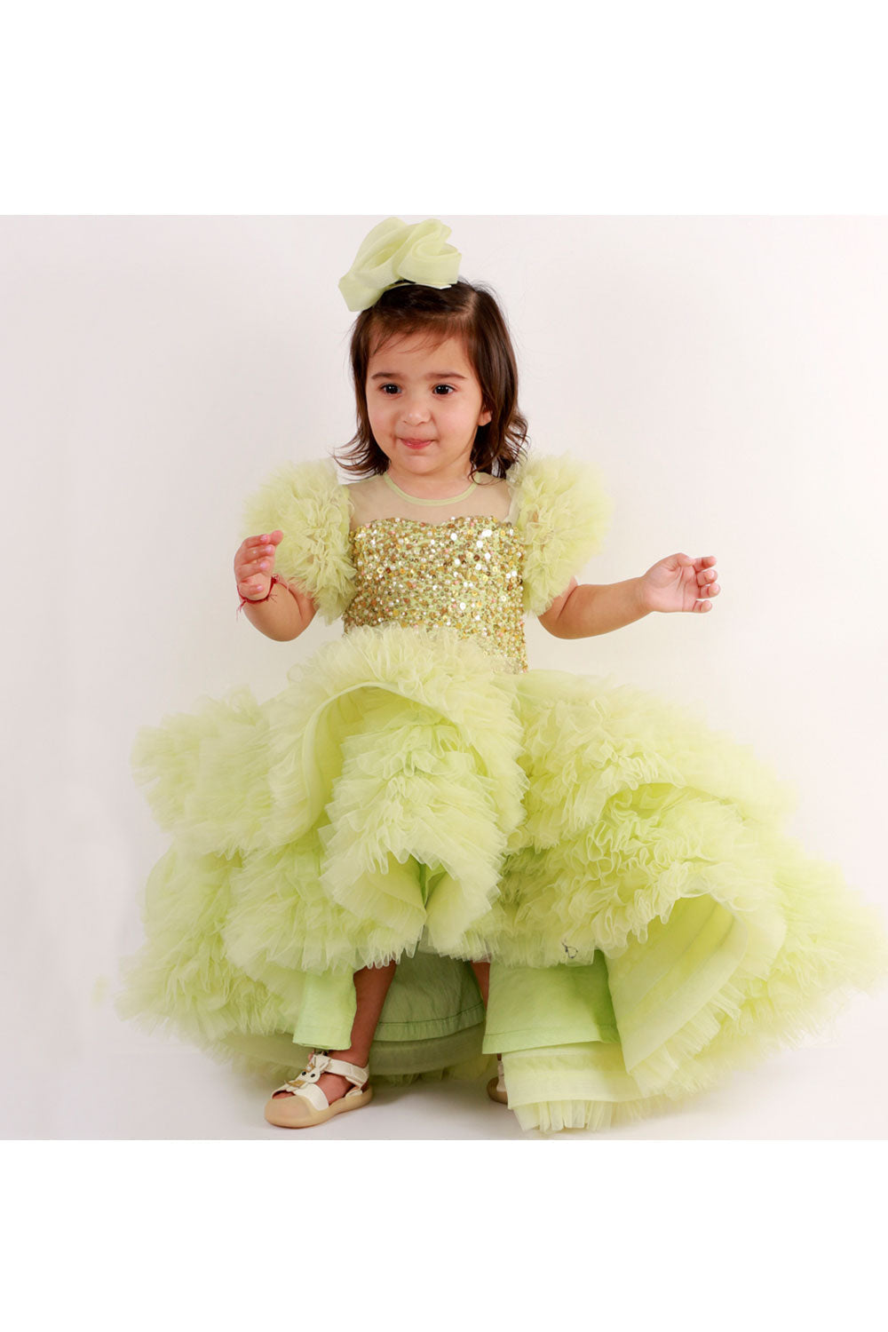 Green sequins embroidered high low gown