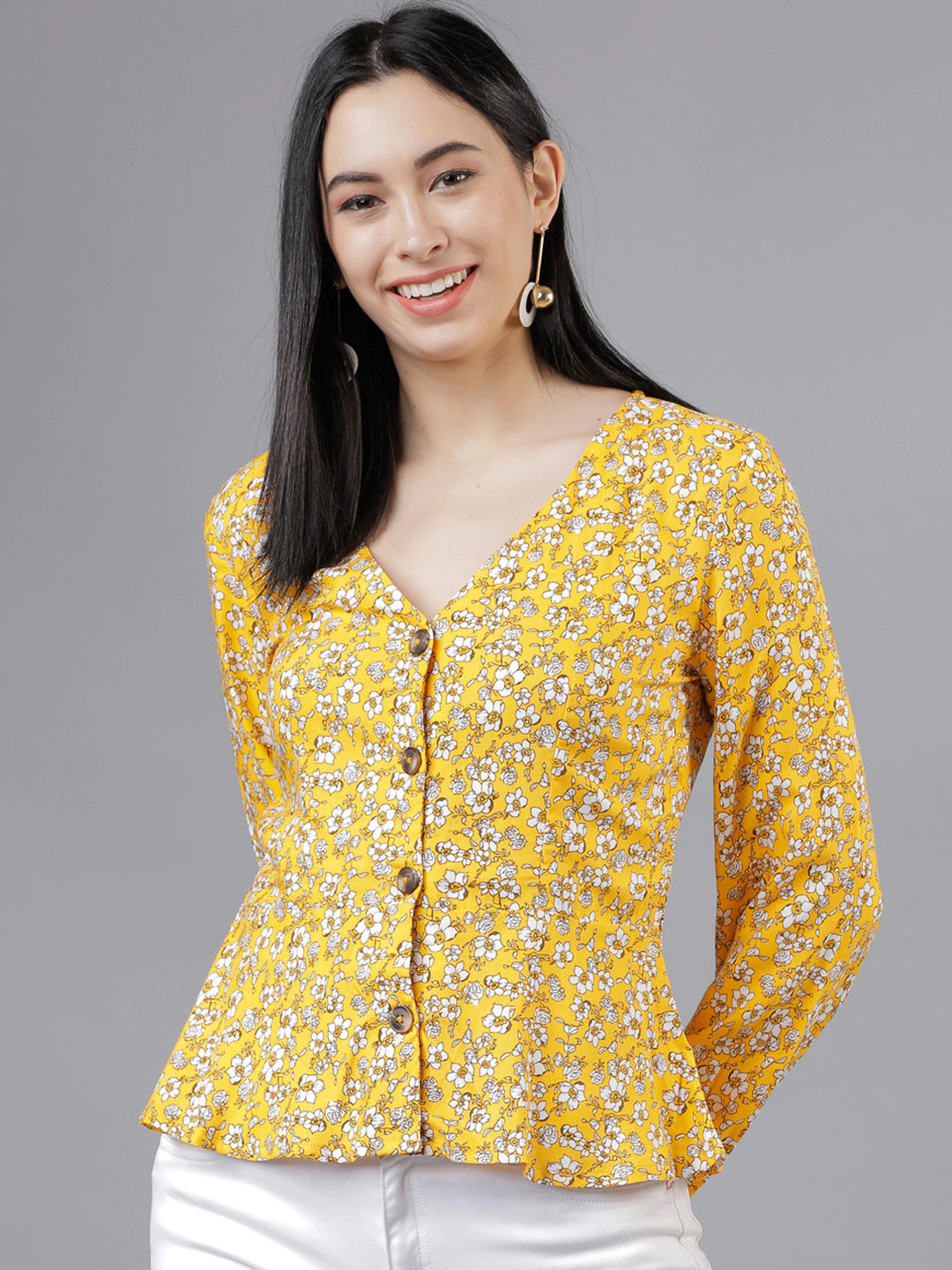 Women Yellow Floral Printed Peplum Top