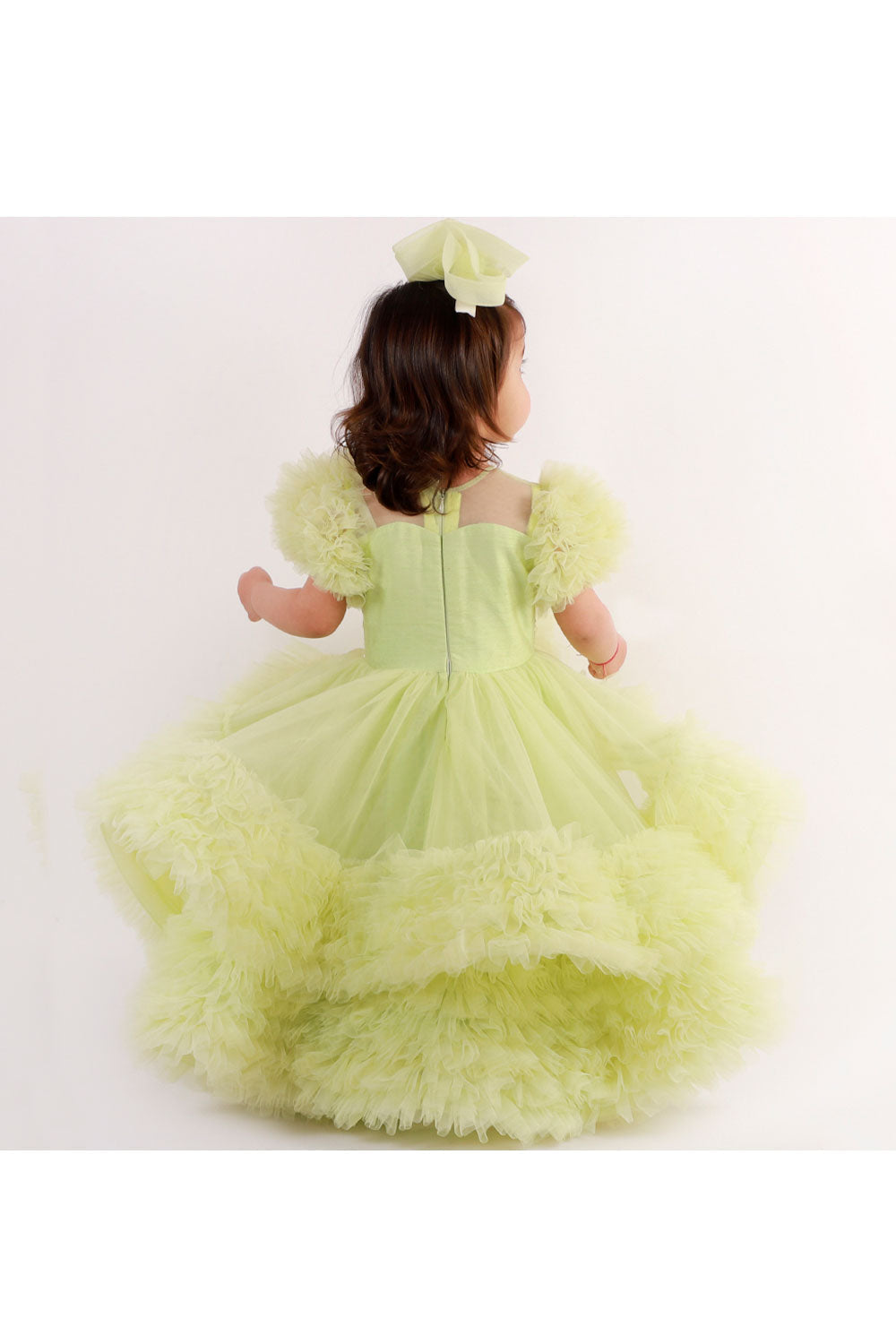 Green sequins embroidered high low gown