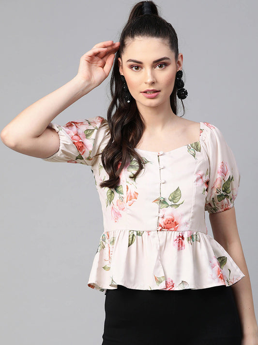 Nude-Colored & Green Floral Printed Puff Sleeves Peplum Top