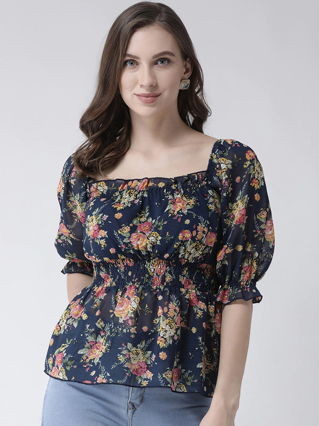 Blue Floral Cinched Waist Smocked Top