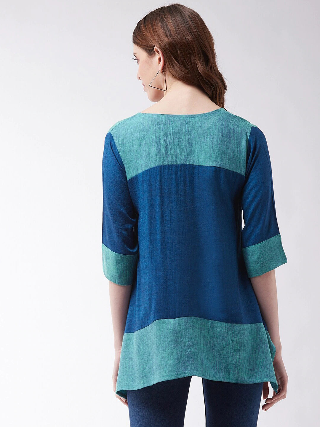 Women Blue Color blocked Pure Cotton A-Line Top