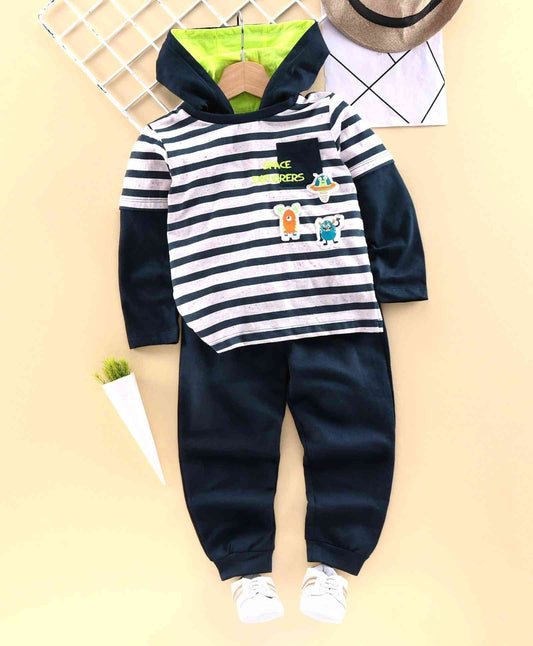 Babyhug Doctor Sleeves Hooded T-Shirt and Lounge Pant Set Monster Patch – Navy Blue
