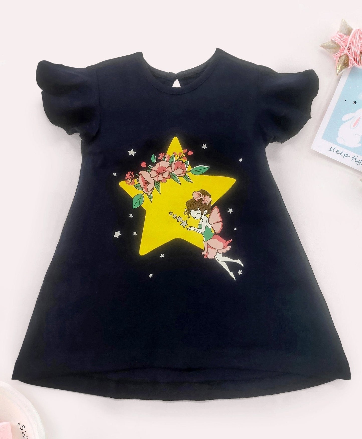 Babyhug Flutter Sleeves Night Gown Star Print – Navy Blue