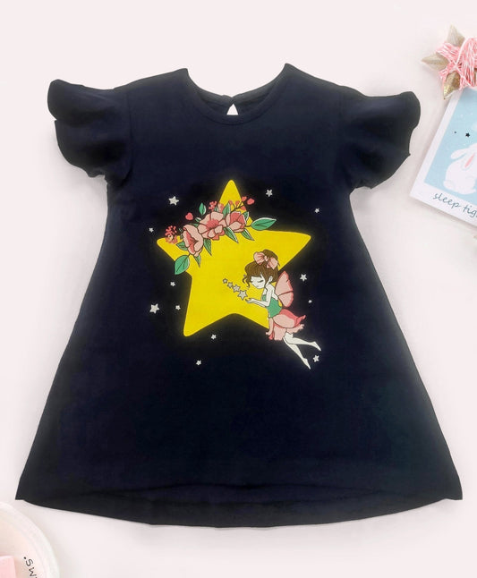 Babyhug Flutter Sleeves Night Gown Star Print – Navy Blue