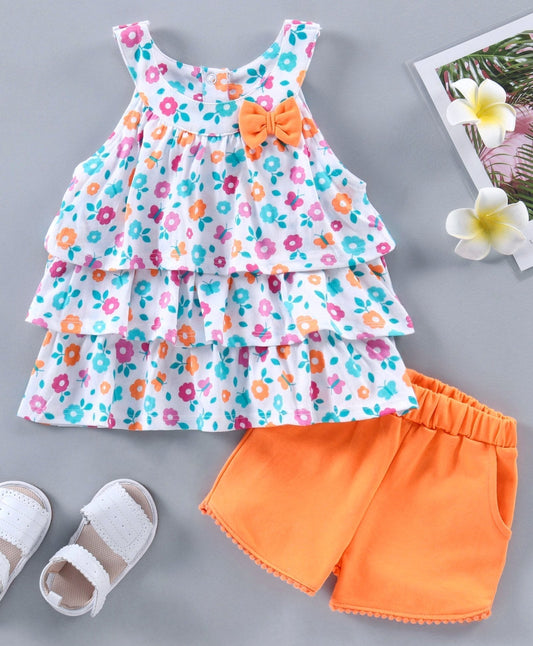 Sleeveless Layered Top & Shorts Floral Print – White Orange