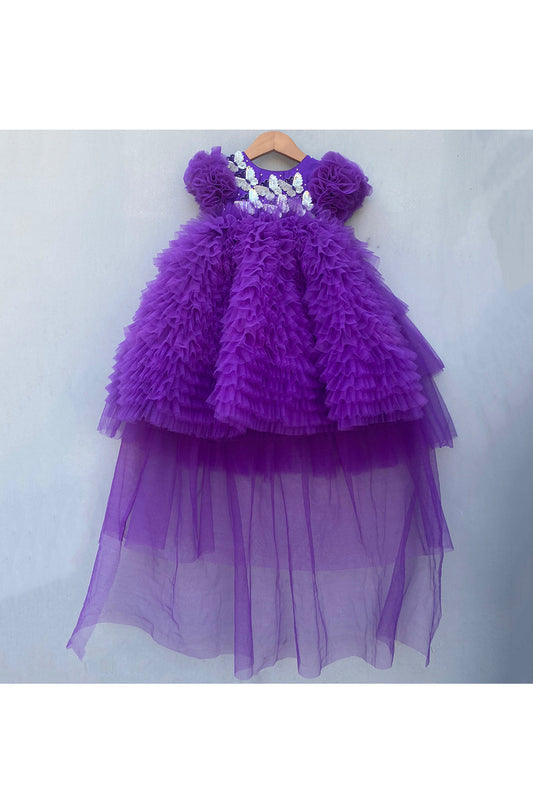 3d butterflies embellished high low detachable trail purple gown