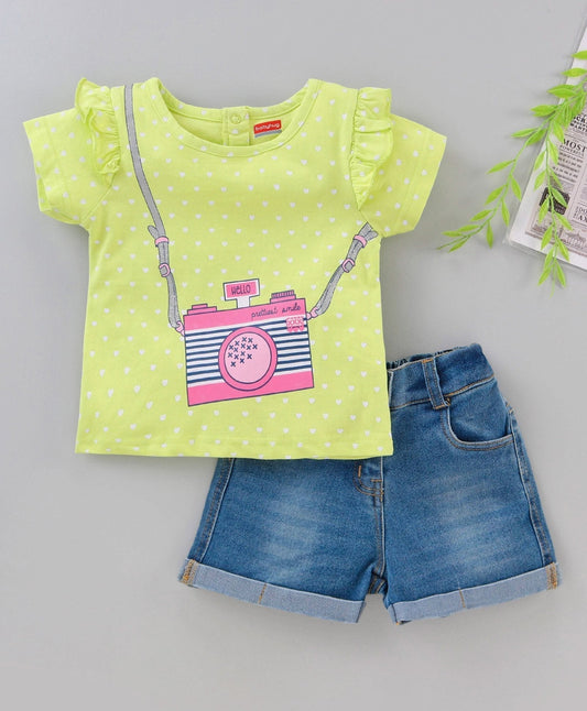 Short Sleeves Top & Denim Shorts Camera Print – Green Blue