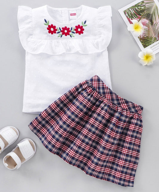 Babyhug Cap Sleeves Top & Checks Skirt Floral Embroidery – White Navy Blue