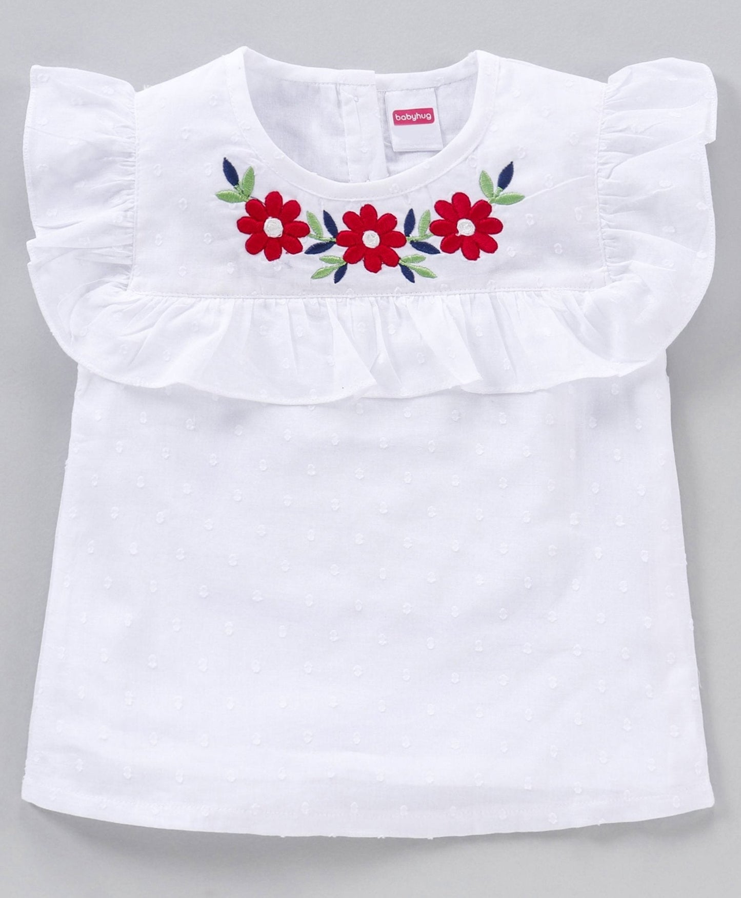 Babyhug Cap Sleeves Top & Checks Skirt Floral Embroidery – White Navy Blue