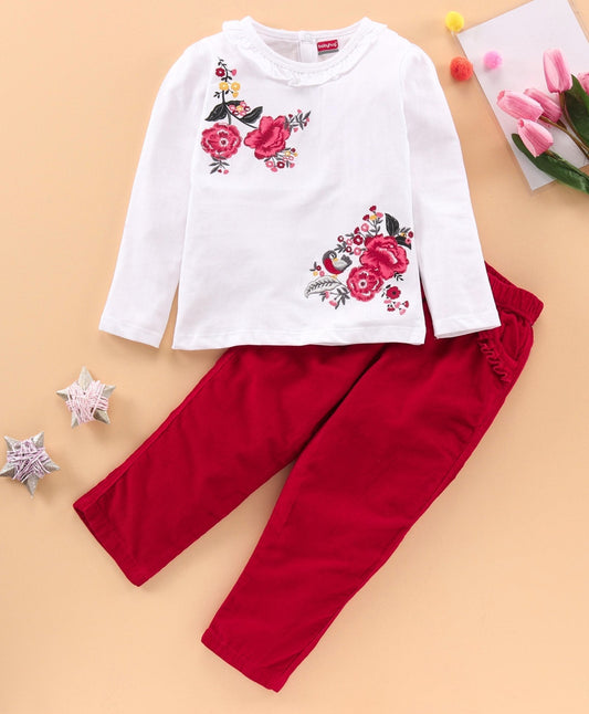 Full Sleeves Top & Pull Up Pant Floral Print – Off White Red