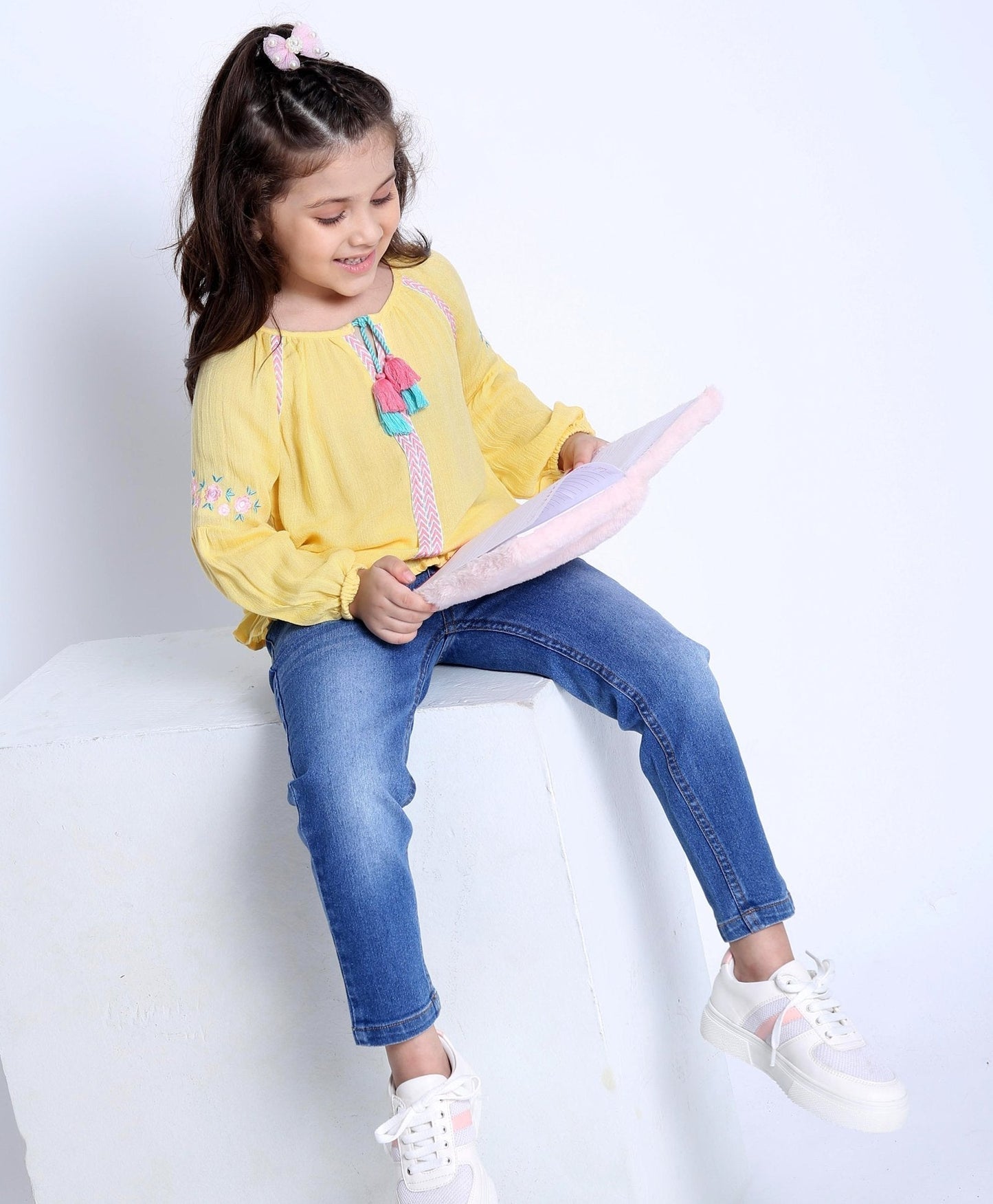 Babyhug Full Sleeves Top & Jeans Floral Embroidery – Yellow Blue