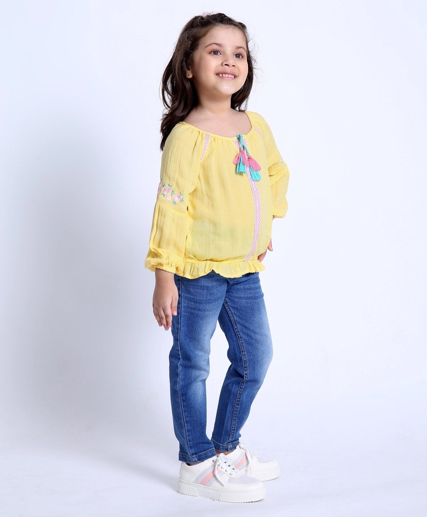 Babyhug Full Sleeves Top & Jeans Floral Embroidery – Yellow Blue