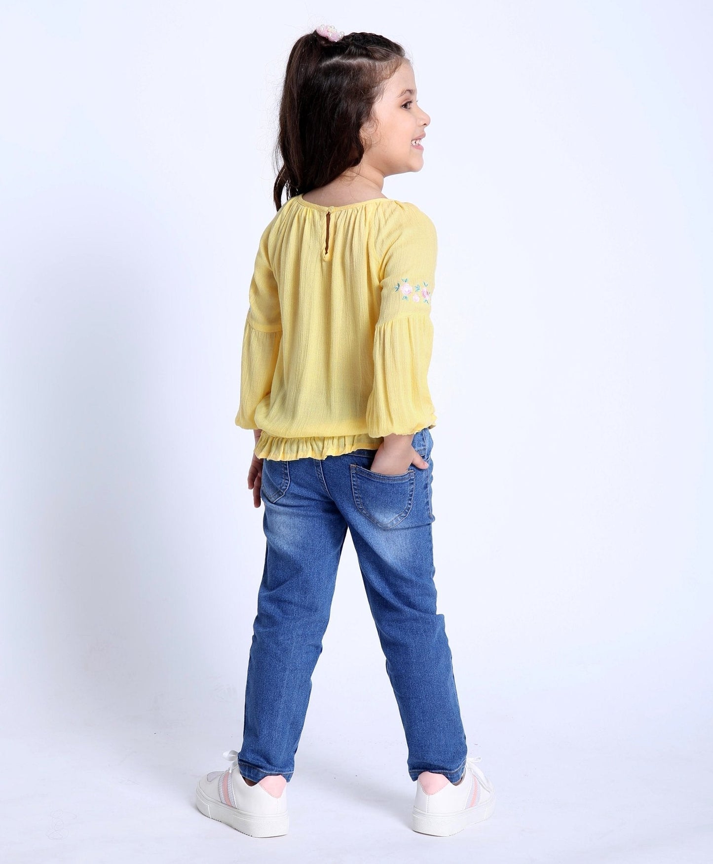 Babyhug Full Sleeves Top & Jeans Floral Embroidery – Yellow Blue
