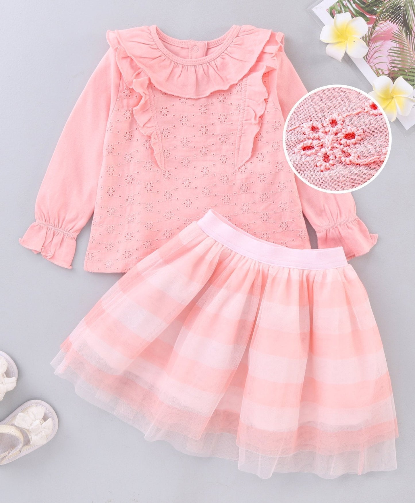 Babyhug Full Sleeve Crotchet Top and Flare Skirt Striped – Peach