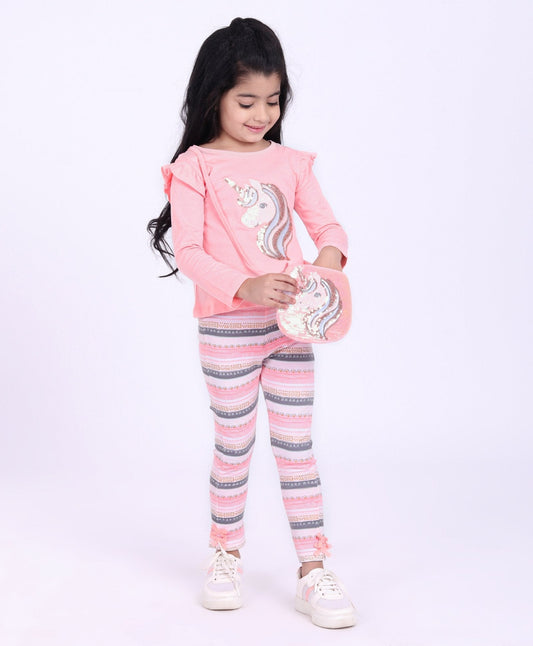 Babyhug Full Sleeves Top & Printed Leggings Sequinned Unicorn – Pink
