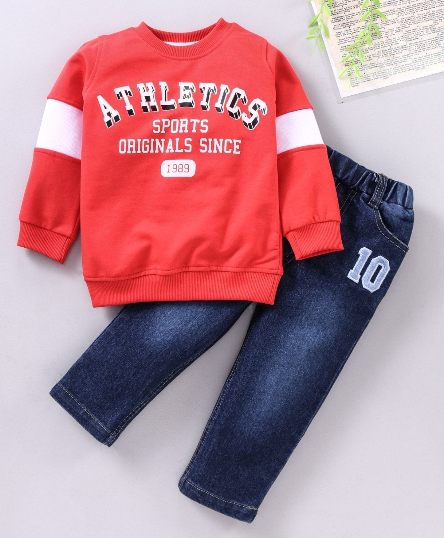 Babyhug Full Sleeves Tee & Denim Jeans Text Print – Red Navy