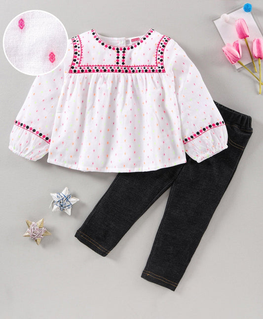 Babyhug Full Sleeves Embroidered Top and Denim Jeans Set – Black White