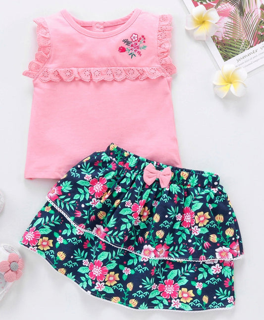 Sleeveless Top & Skirt Sets Floral Print – Pink