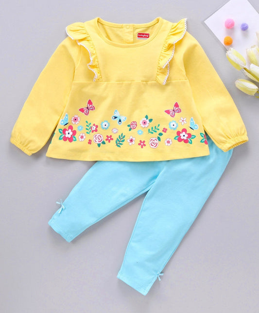 Babyhug Full Sleeves Top & Leggings Butterfly Print – Yellow Blue