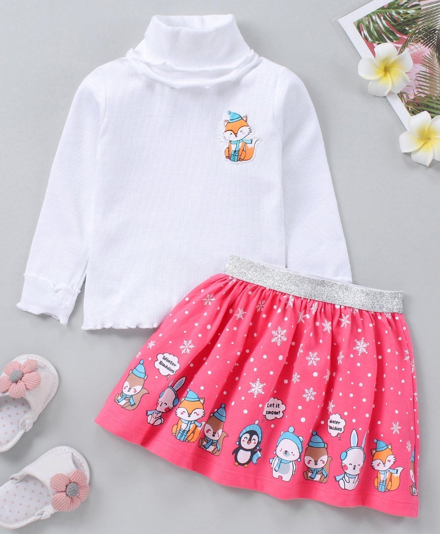 Full Sleeves Top & Skirt With Animal Prints – Pink & White