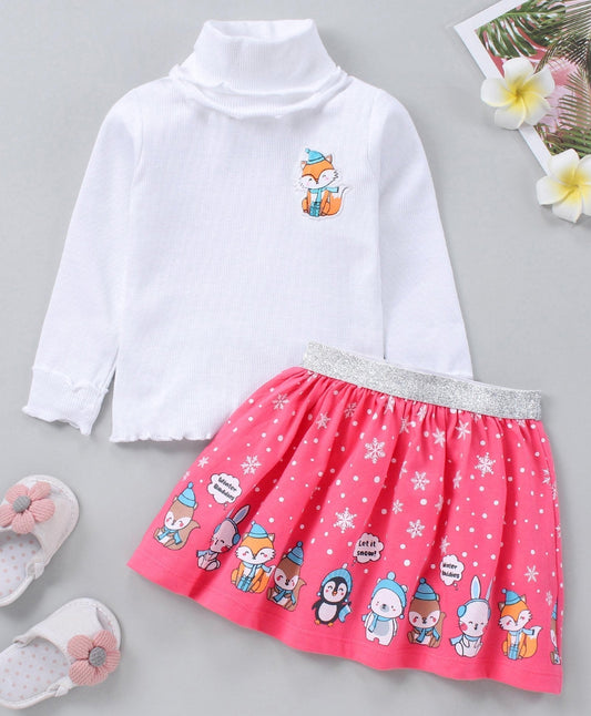 Full Sleeves Top & Skirt With Animal Prints – Pink & White