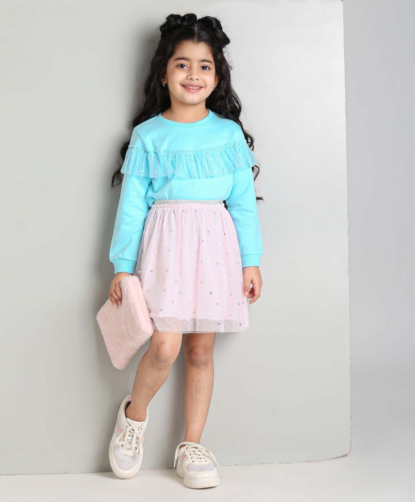 Full Sleeves Top With Skirt Glitter Applique – Pink & Blue