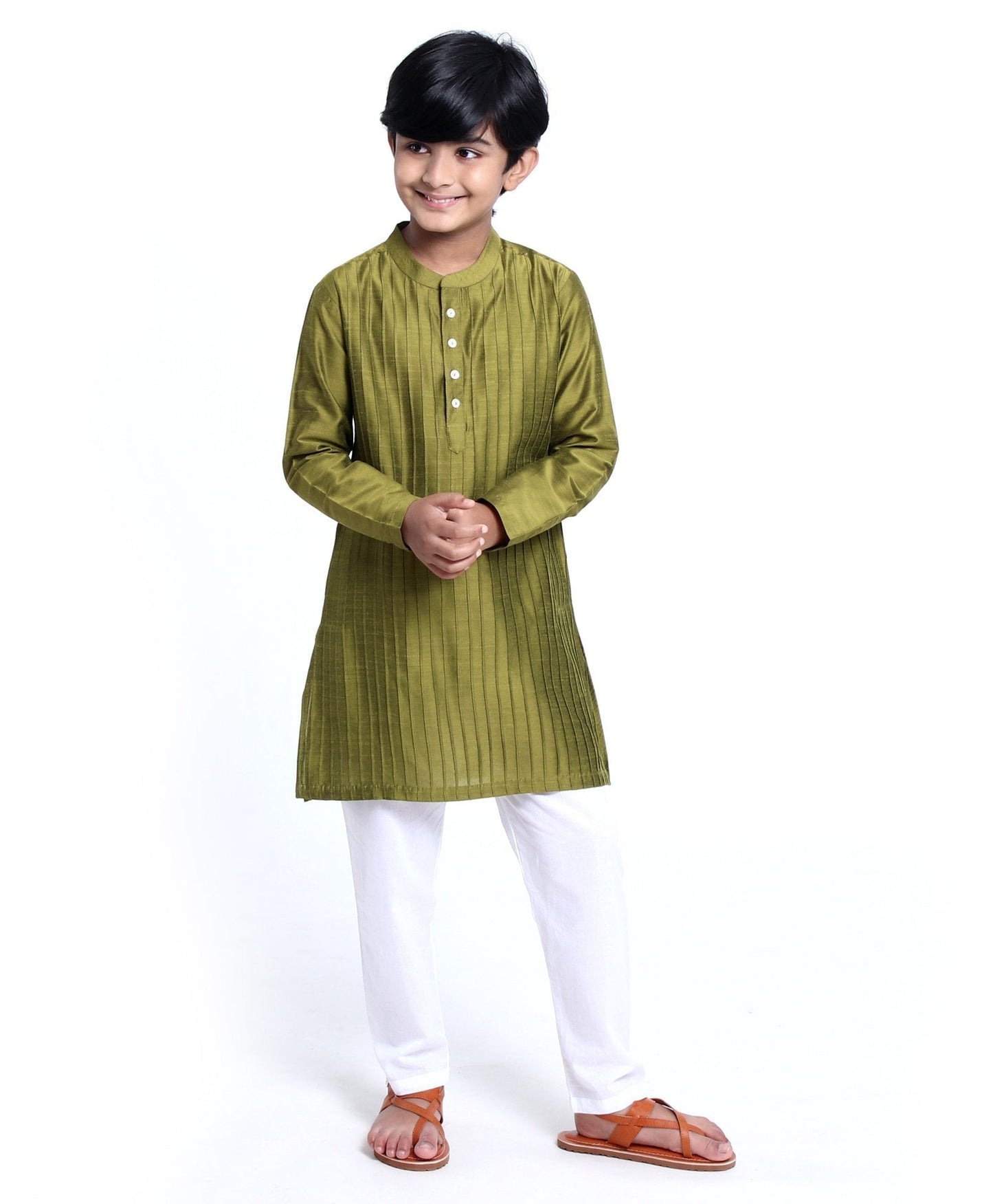 Kids Full Sleeves Pintuck Kurta & Pyjama - Olive