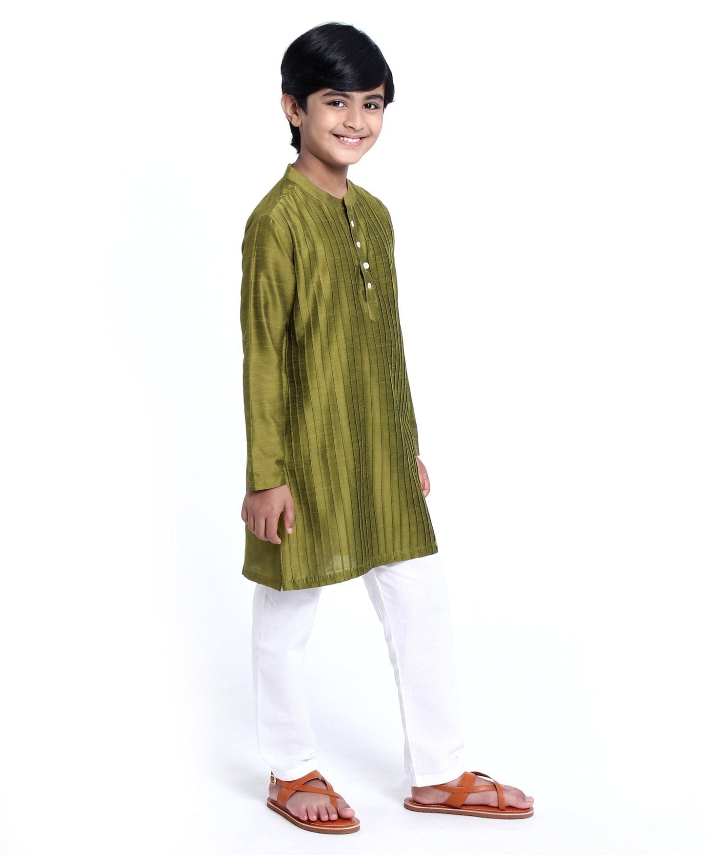 Kids Full Sleeves Pintuck Kurta & Pyjama - Olive