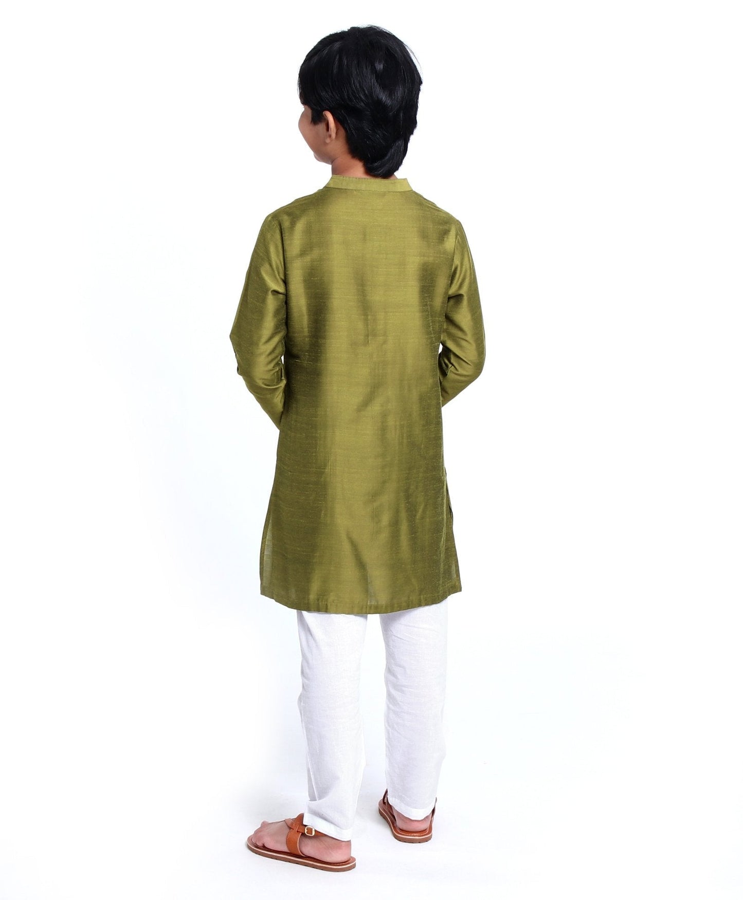 Kids Full Sleeves Pintuck Kurta & Pyjama - Olive