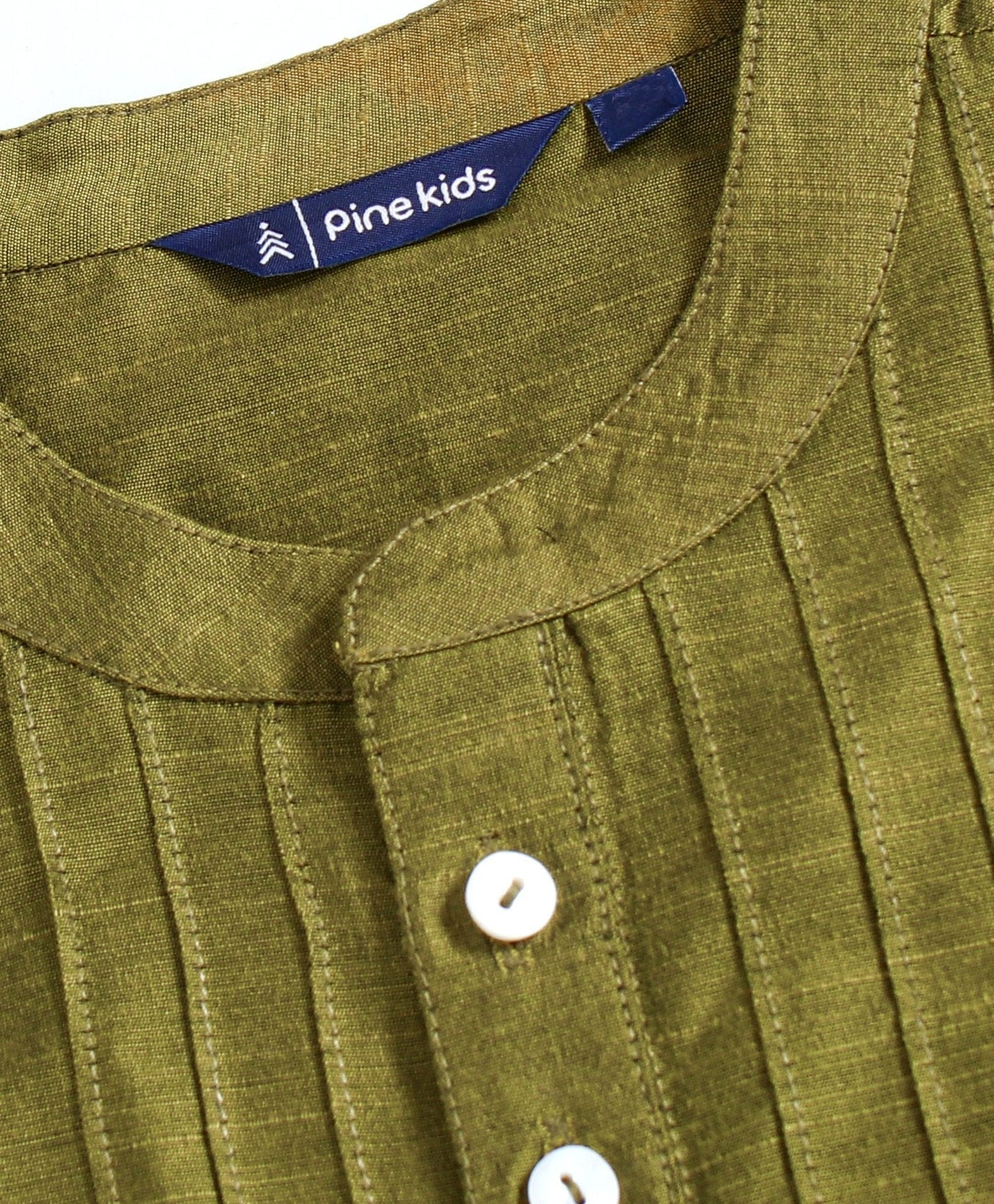 Kids Full Sleeves Pintuck Kurta & Pyjama - Olive