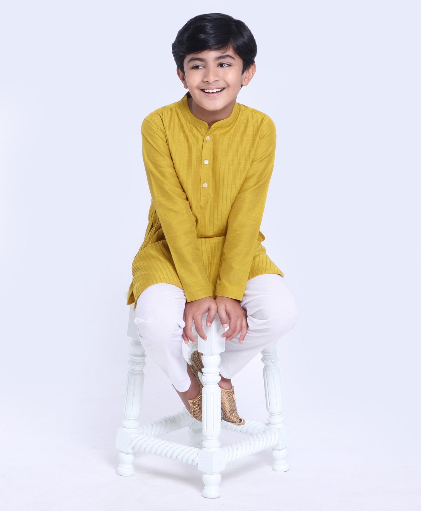 Kids Full Sleeves Pintuck Kurta & Pyjama - Mustard