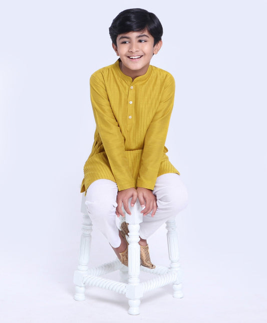 Kids Full Sleeves Pintuck Kurta & Pyjama - Mustard