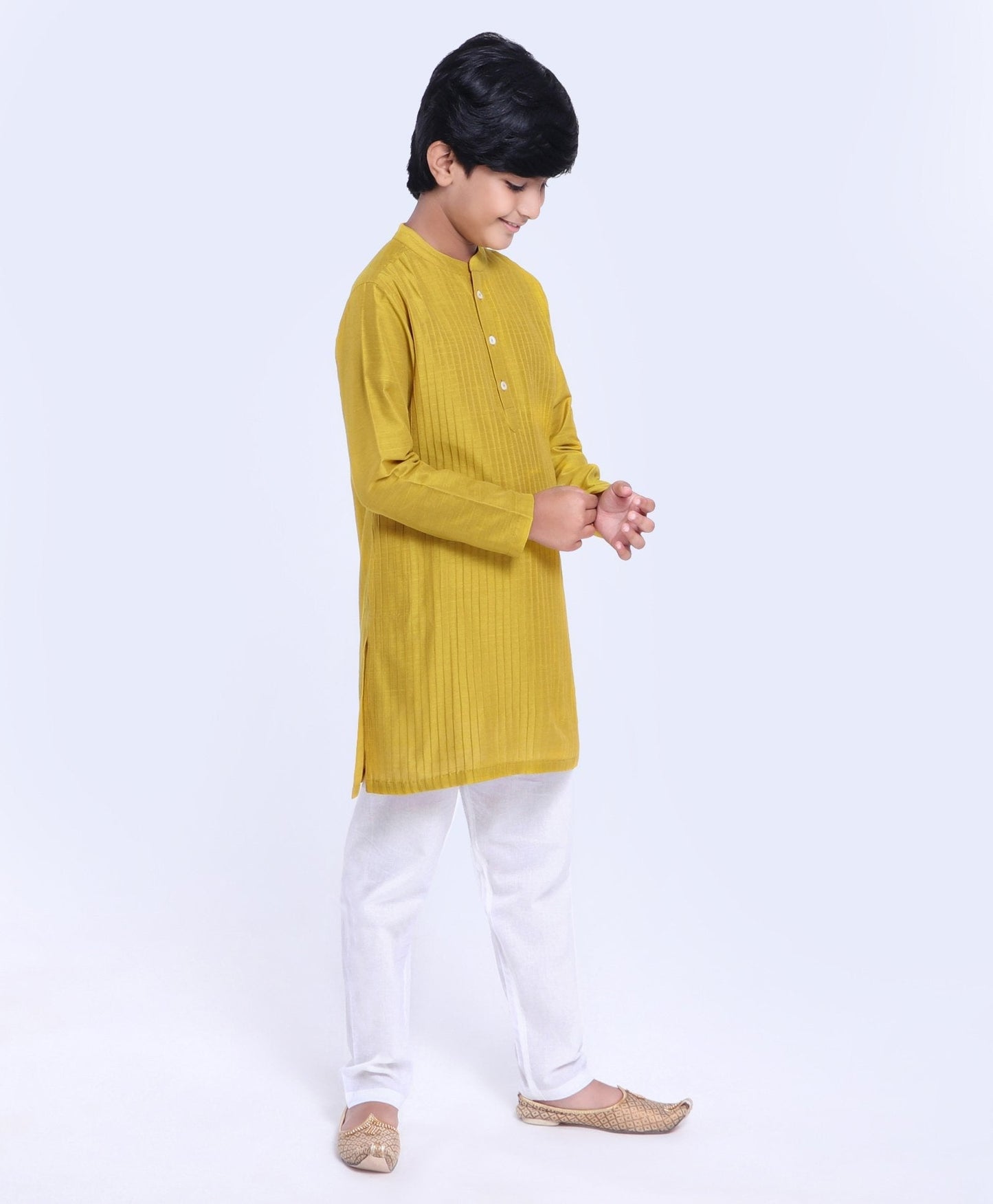 Kids Full Sleeves Pintuck Kurta & Pyjama - Mustard